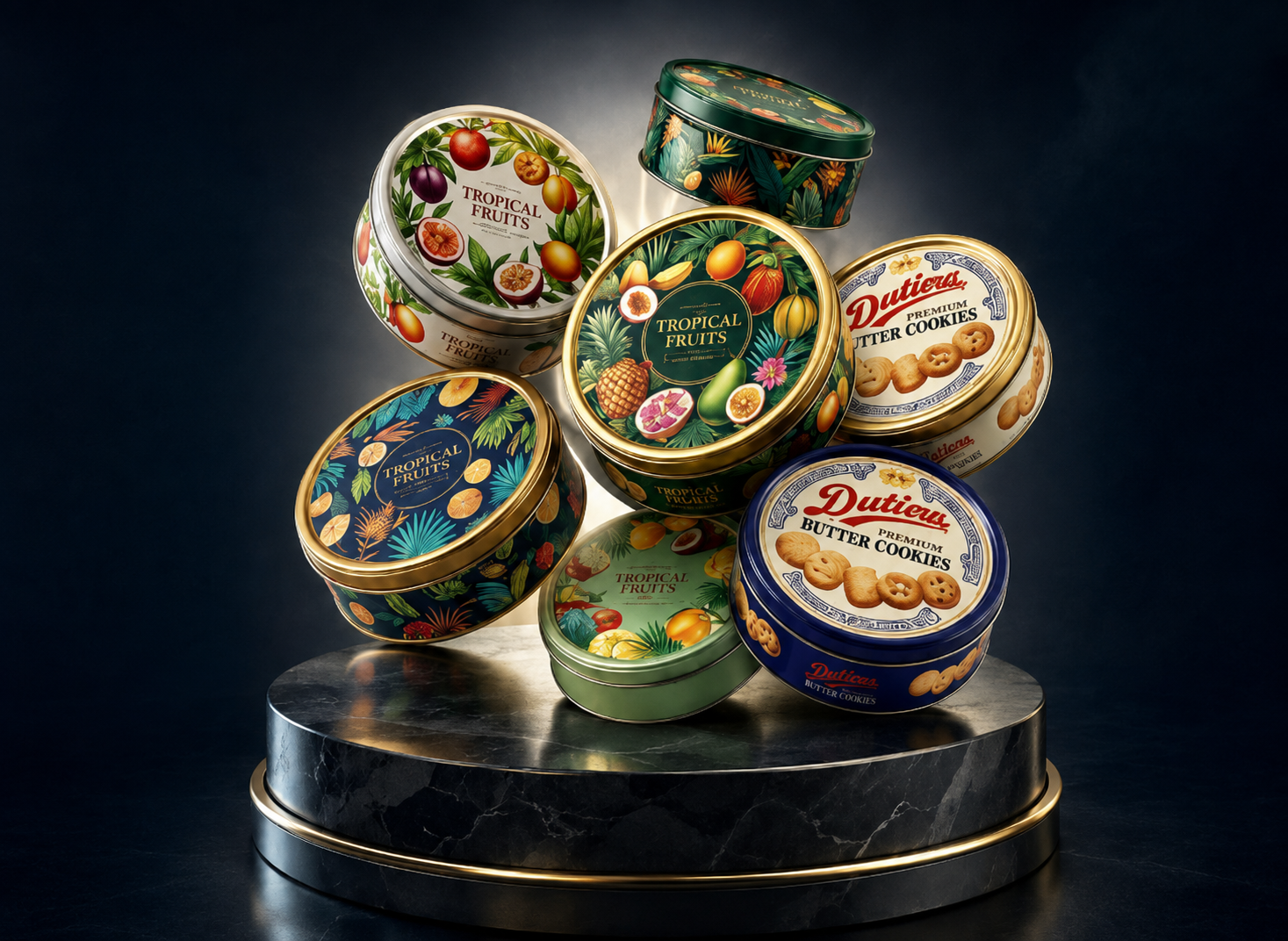 Decorative round food tins on a dark marble display stage