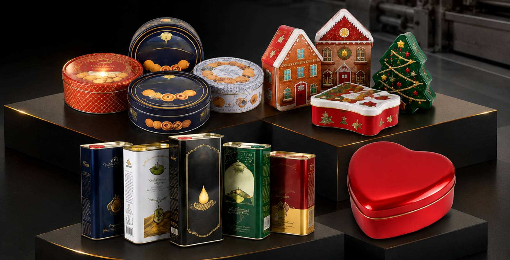 Assorted food, seasonal, gift and oil tins on tiered display platforms