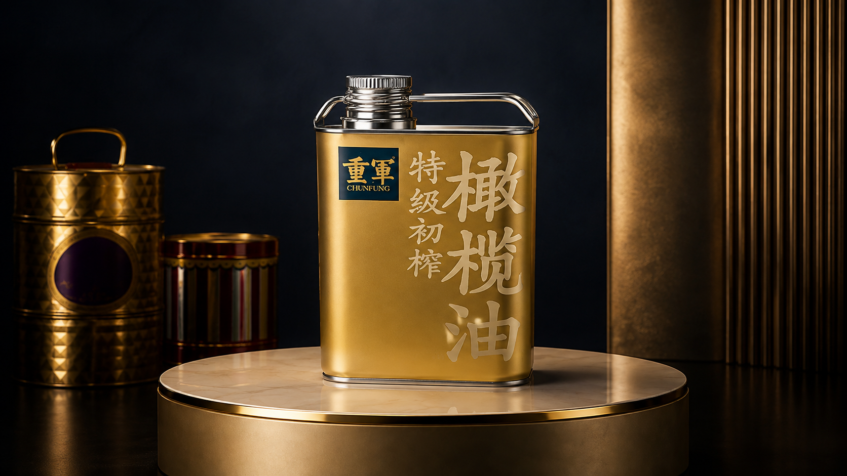 Gold rectangular oil tin on a marble display stage