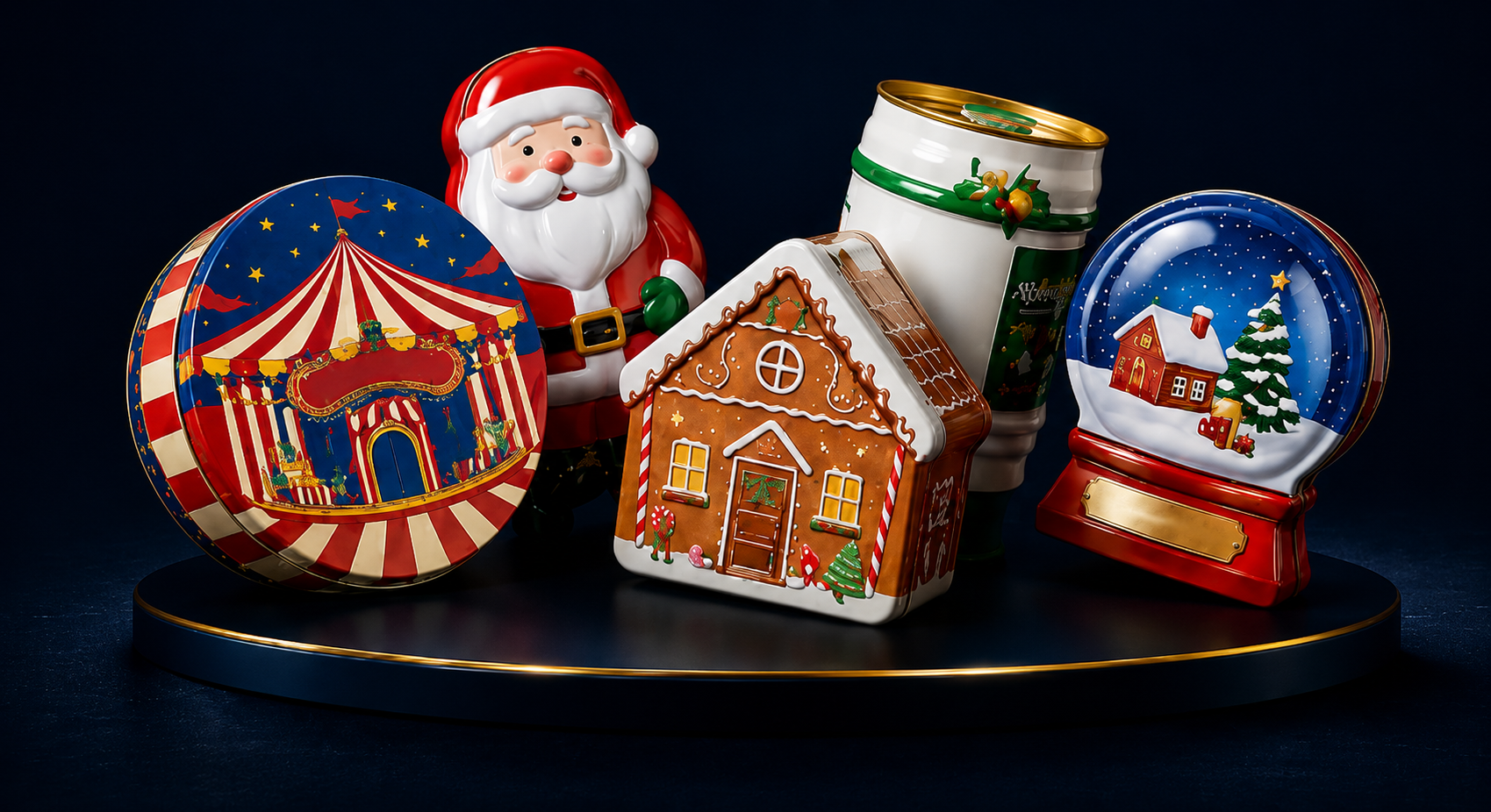 Seasonal gift tins on a dark display stage