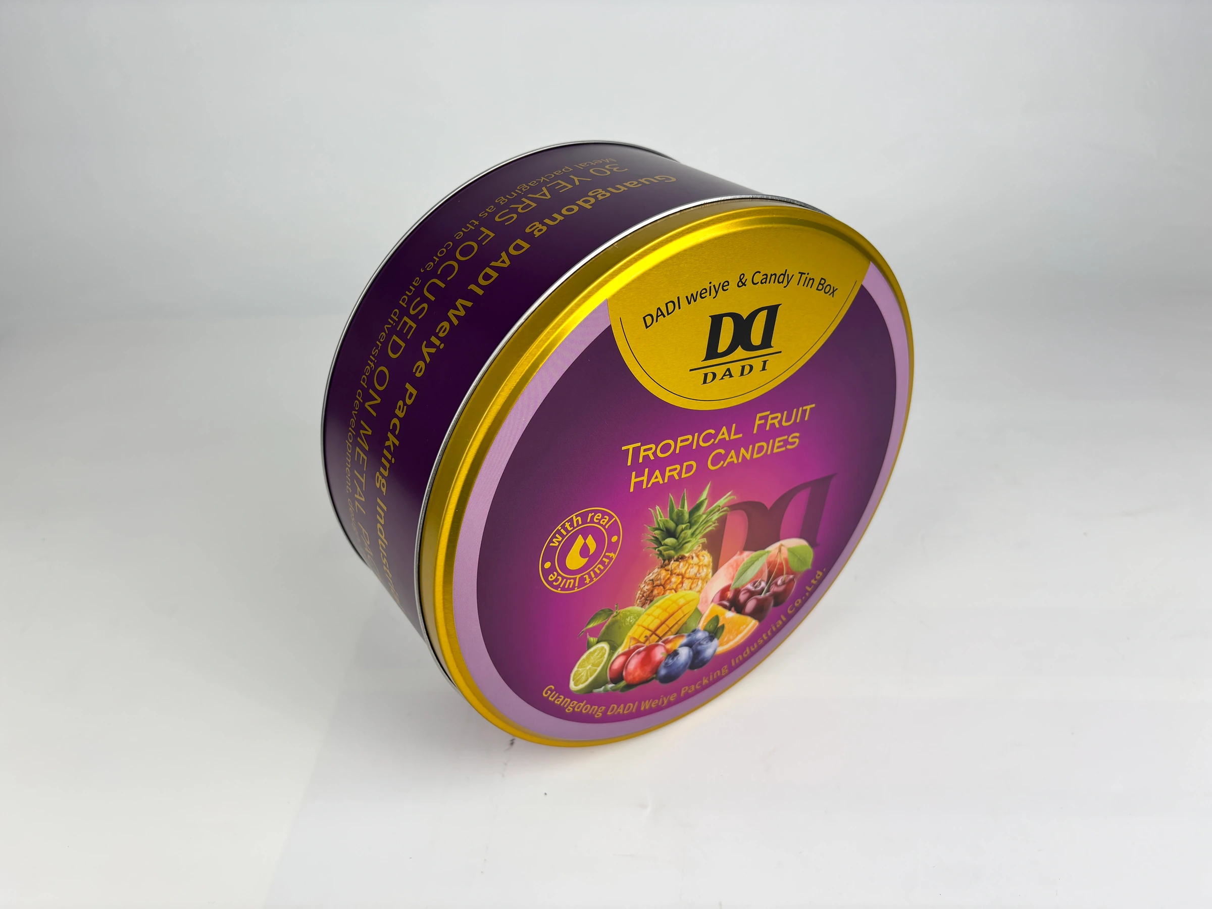 Angled purple round food tin