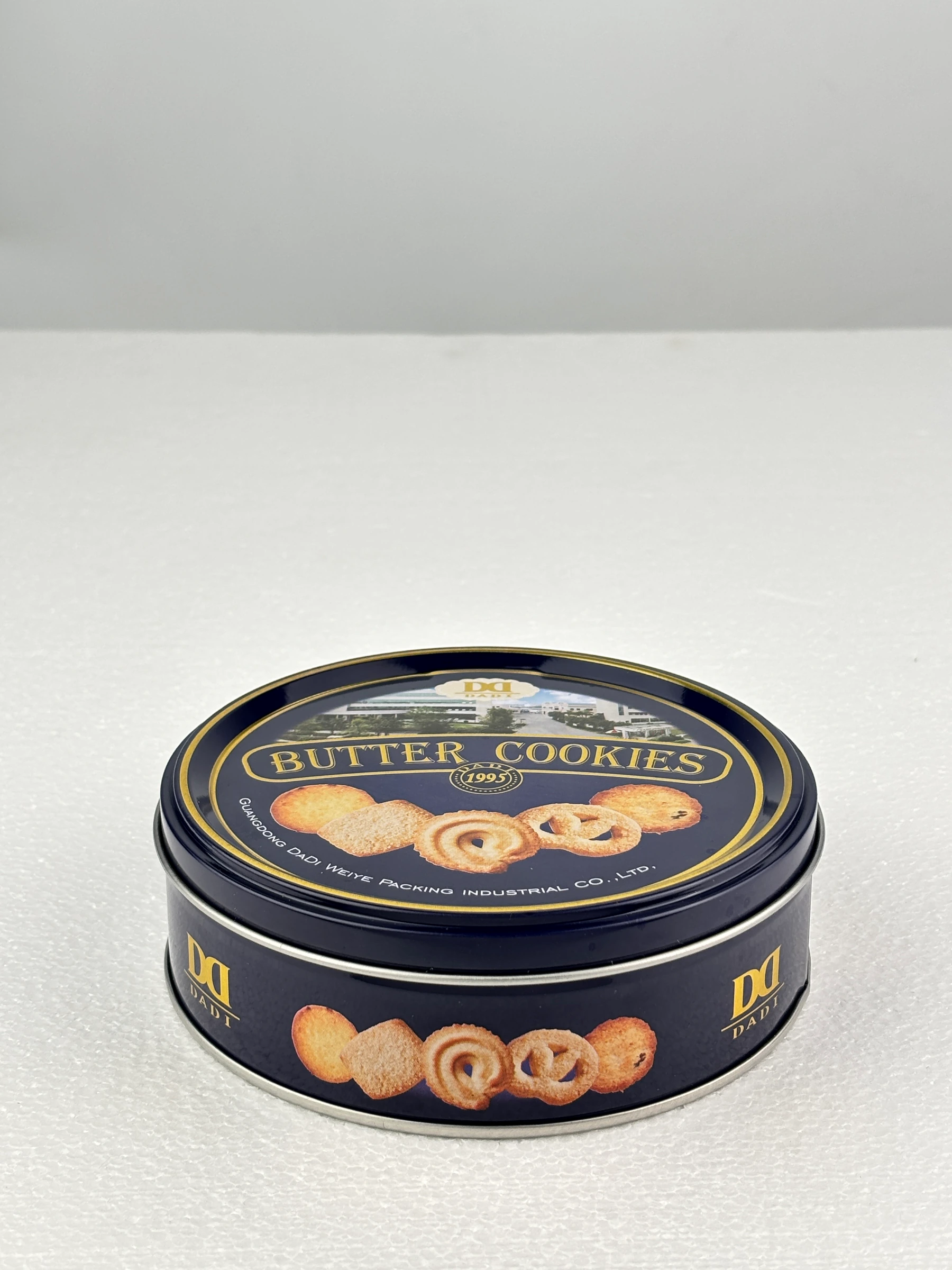 Blue round cookie tin product view